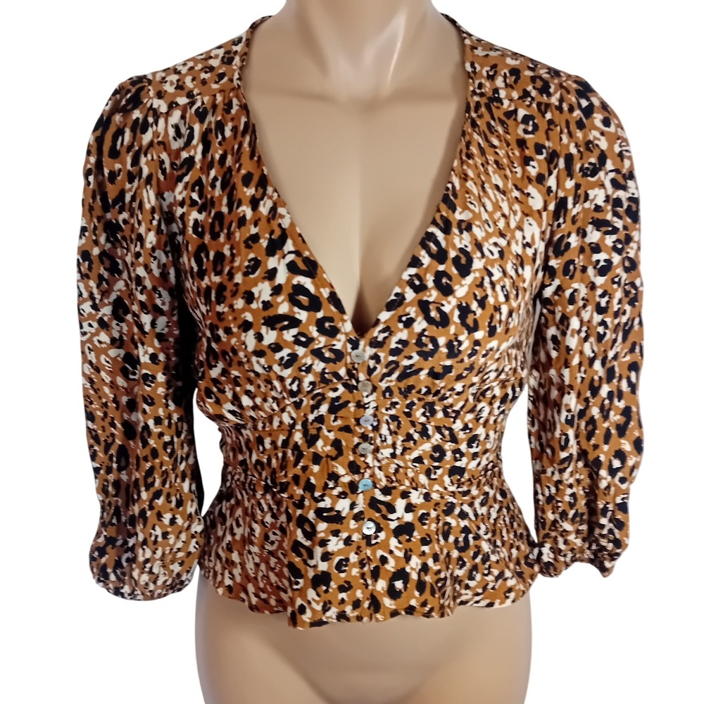 Stradivarius Animal Print Leopard Button Up Lightweight Peasant Blouse Casual M